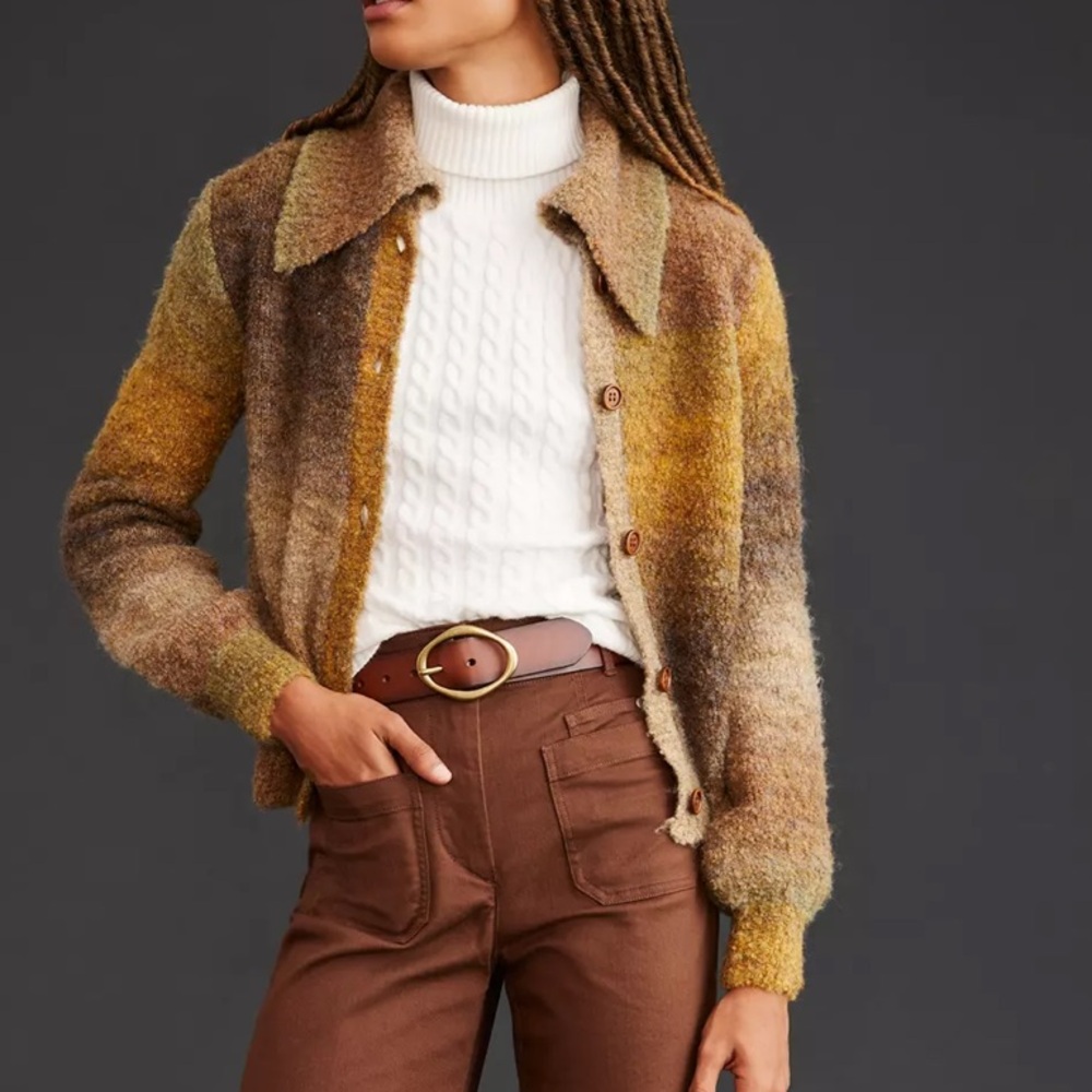 Anthropologie Multicolor Brown & Mustard Fuzzy Button-Front Cardigan